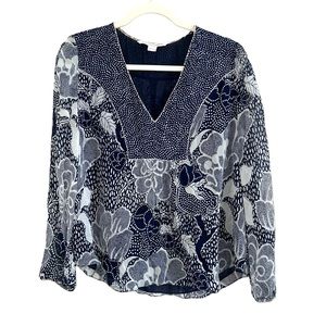 Diane Von Furstenberg Maslyn Top Blouse Silk Blue White Print Long Sleeve Sz 12
